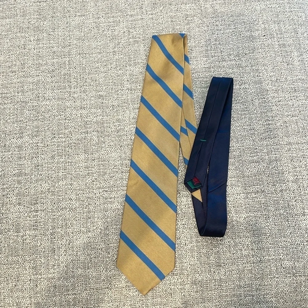 Tommy Hilfiger Gold and Blue Striped 100% Silk Necktie